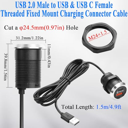 QIANRENON 2 in 1 USB & USB C Threaded Fixed Mount Charging Connector Cable USB2.0 Male to Type A + Type C Female Desktop Embedded Mount Adapter Cable 5V 2A, for Furniture/Office Desk, 1.5m/4.9ft