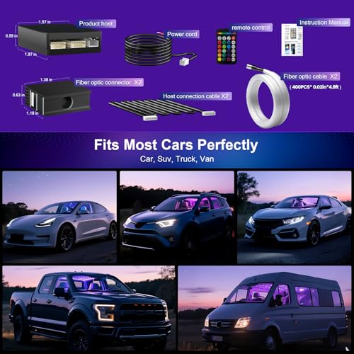 Split Starlight Headliner Kit - 400pcs 0.02in 4.9ft Fiber Optic RGBW Star Lights for Car with 2 Light Heads 16W Engine Easy to Hide,Flexible Wiring,APP/Remote Control for Car Roof Ceiling - size: 1+2+400*0.5*1.5m