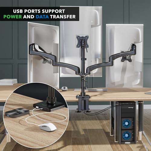 Mount-It! Triple Monitor Desk Stand, USB-A & C, Black - color: Black