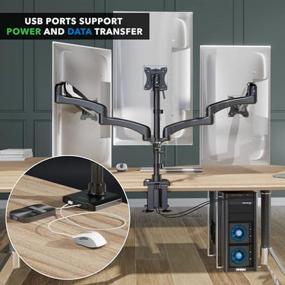 Mount-It! Triple Monitor Desk Stand, USB-A & C, Black - color: Black