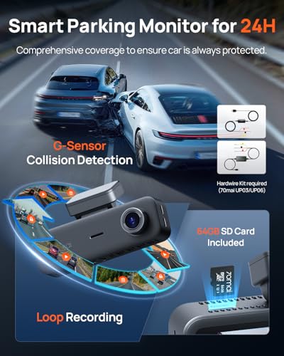 70mai 4K Dash Cam Front and Rear Inside, 3 Channel Car Dash Camera for Cars, Dashcam with GPS, Wi-Fi 6, Voice Control, Parking Monitor, Night Vision, Loop Recording, 64GB SD Card Included (T800E) - size: T800E-RC21-64GB
