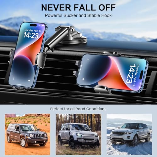 Phone Mount for Car Phone Holder [Military-Grade Suction & Stable Clip] Car Phone Holder Mount Windshield Dashboard Air Vent Universal Automobile Mount Fit Shower & Wall Mounts iPhone