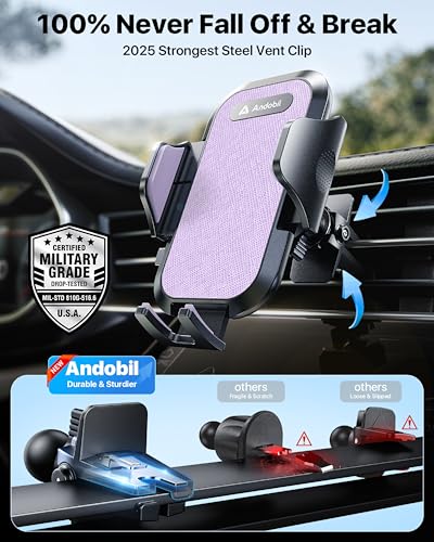 andobil Car Phone Holder, 2026 Military-Grade 89bs Strongest Suction Phone Holders for Your Car Dashboard/Windshield/Vent Easy Clamp Cellphone Holder Truck Stand for iPhone 17 16 15 Pro Max, Purple - color: Purple