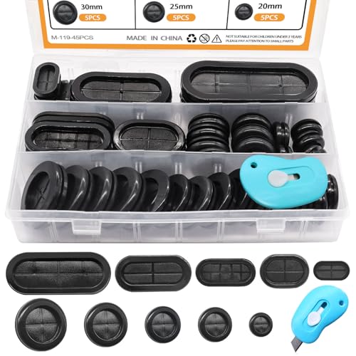 mankk 45PCS Rubber Grommet Kit 10 Size Oval and Round Double Sided Rubber Hole Plug Firewall Hole Plug with Retractable Box Knife for Protecting Cable Wire - size: 10 Sizes