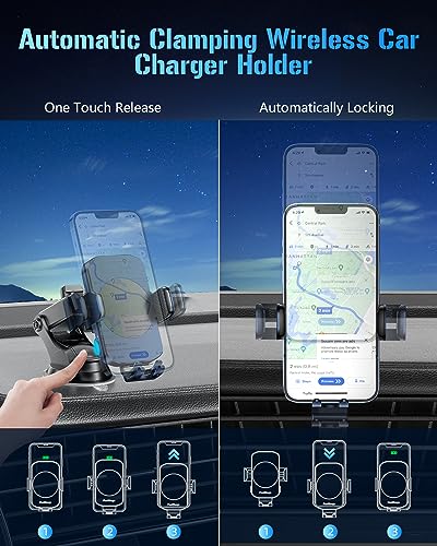 BothLin 3-in-1 Wireless Car Charger Mount, 15W Fast Charging Auto-Clamping Phone Holder for iPhone 17 16 15 14, Samsung Galaxy S24 S23, Dashboard, Vent & Windshield Car Mount - color: Deep Blue