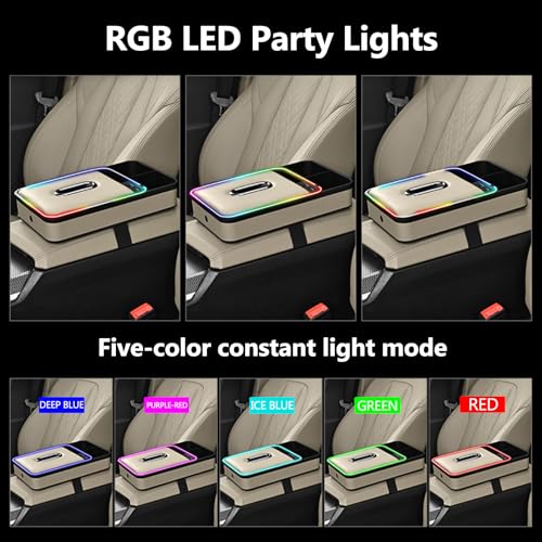 Car Armrest Storage Box with LED Ambient Light, USB/PD Fast Charging, Eco-Friendly Microfiber Leather Tissue Holder, Multifunction Center Console Organizer for Cars, SUVs, and Trucks (Beige)