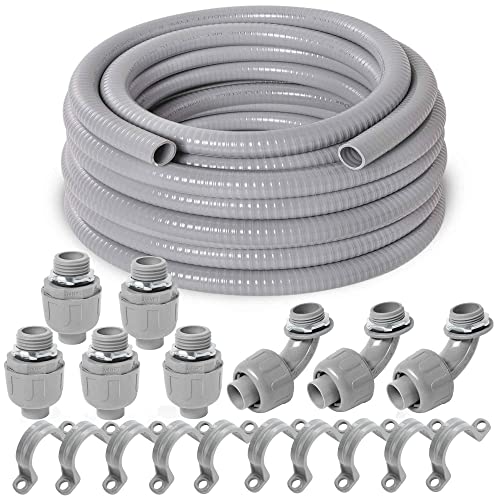 (3/4" Dia * 50 Feet) Yariwiz Flexible Electrical Conduit Liquid Tight PVC Conduit Kit with 5 PCS Coupling, 3 PCS Elbow and 10 PCS Strap, Sealtight Seal Flex Liquidtight Wire Outdoor Non Metallic Grey - style: 3/4"-50ft Kit-Grey