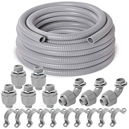 (3/4" Dia * 50 Feet) Yariwiz Flexible Electrical Conduit Liquid Tight PVC Conduit Kit with 5 PCS Coupling, 3 PCS Elbow and 10 PCS Strap, Sealtight Seal Flex Liquidtight Wire Outdoor Non Metallic Grey - style: 3/4"-50ft Kit-Grey