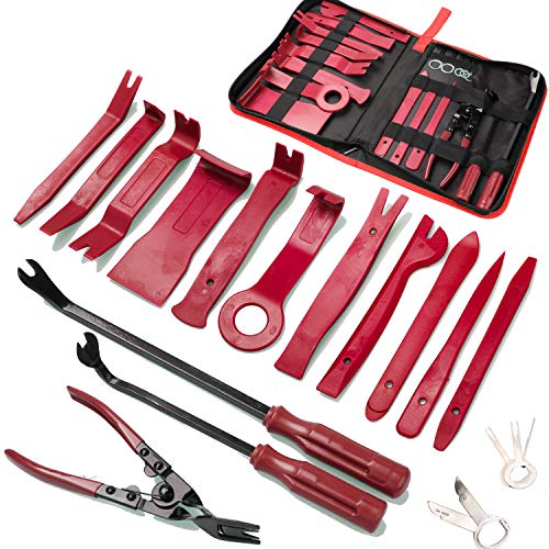 Poraxy 19Pcs Trim Removal Tool,Car Panel Door Audio Trim Removal Tool Kit, Auto Clip Pliers Fastener Remover Pry Tool Set with Storage Bag - color: Red