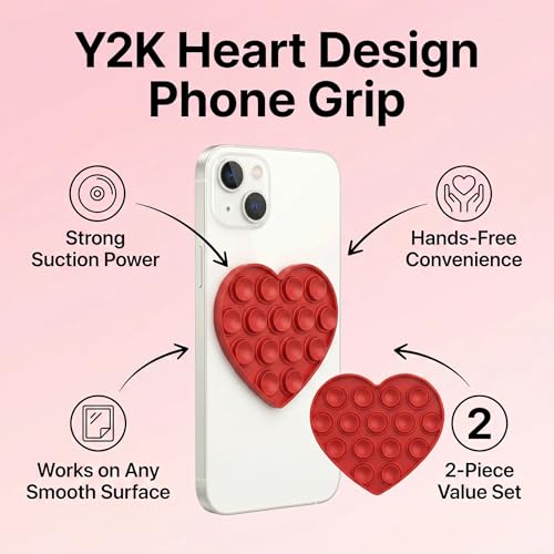 2Pcs Heart-Shaped Suction Phone Grips, Hands-Free Wall Mounts - color: 2 PCS Y2K Suction Phone Grip