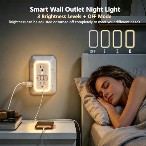Multi Plug Outlet Surge Protector, 6 Outlet Extender and 4 USB with PD30W USB-C Fast Charging, 3-Sided 1050J Surge Protector Power Strip with Night Light for Home Travel Office-ETL - color: White-30W-1Pcs