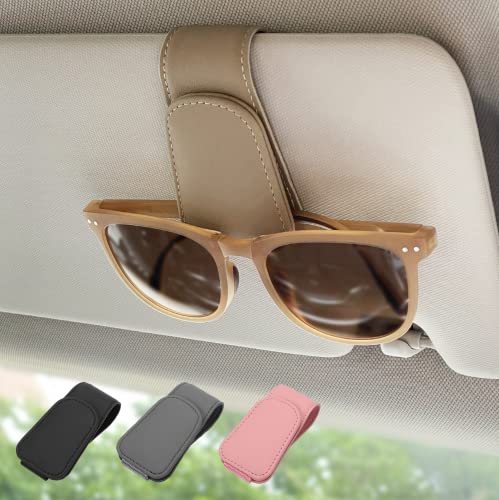 Magnetic Leather Car Sunglass Holder, Visor Sunglasses Holder Clip, 1 Pack - color: Beige