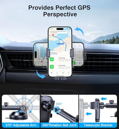 Coolpow Wireless Car Charger,15W Fast Charging for iPhone Wireless Charger【Military-Grade Stabilizing Arm Clamp】360° Adjustable Phone Holder Mount Car Phone Mount Charger for iPhone and Samsung Galaxy