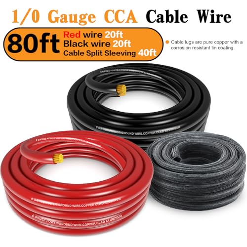 1/0 Gauge Wire CCA Power/Ground Cable 40FT Black/Red with lugs,250A ANL Fuse,1/2 inch Cable Split Sleeving,Self Adhesive Mounts Zip Ties kit - color: W/ Wire Loom kit