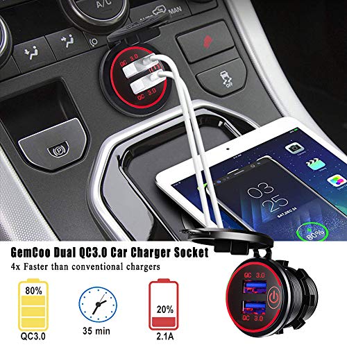 Quick Charge 3.0 Dual USB Car Charger Socket with Touch Switch 12V/24V 36W QC3.0 Dual USB Fast Charger Socket Power Outlet for Marine, Boat, Motorcycle, Truck, Golf Cart(Red) - color: Red