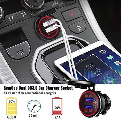 Quick Charge 3.0 Dual USB Car Charger Socket with Touch Switch 12V/24V 36W QC3.0 Dual USB Fast Charger Socket Power Outlet for Marine, Boat, Motorcycle, Truck, Golf Cart(Red) - color: Red