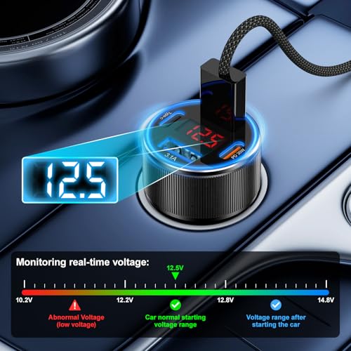 Car Charger for iPhone 17 16 15 Pro Max, Besgoods 4-Port Cigarette Lighter Adapter USB C & USB A Car Phone Charger Fast Charging Voltmeter for Galaxy S25 S24 S23 A15 A54 Android, 6ft USB C to C Cable - color: black charger+black cable