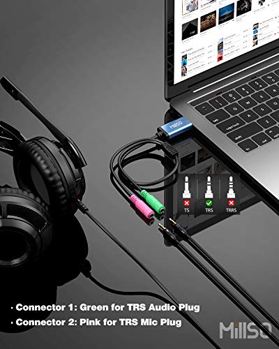 MillSO USB Audio Adapter Stereo External Sound Card, USB to 3.5mm TRS Headphone + Microphone Audio Jack Splitter for Dual-Plug Gaming Headset to Laptop, Desktop, PC, PS4, PS5 [Built_in Chip - 1 FT] - color: USB to 2 x 3.5mm TRS Headset Splitter