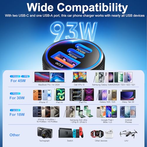 93W Car Charger USB C Fast Charge,PD45W/PD30W 3Port Fast Car Phone Charger - color: Black, size: 1-Pack