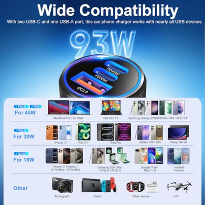 93W Car Charger USB C Fast Charge,PD45W/PD30W 3Port Fast Car Phone Charger - color: Black, size: 1-Pack