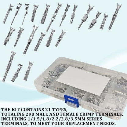 290PCS Car Electrical Terminal Wire Pins Connector Kit, 21Type Auto Electrical Wire Connector Terminal Pin 1/1.5/1.8/2.2/2.8/3.5mm, Male Female Crimped Pins Non-Insulated Plug Removal Pin Tool