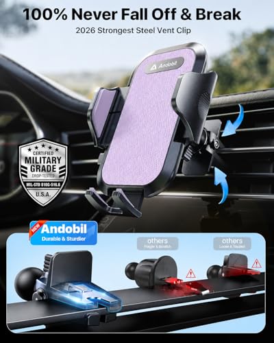 andobil 2026 Upgraded Car Phone Holder Mount, Military-Grade Phone Holders for Your Car Vent Stable Metal Clip Universal 360° Cell Phone Car Mount for iPhone 17 Pro Max 16/15/14/13/12/ Samsung, Purple - color: Purple