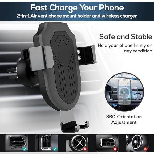 2024 Upgraded Wireless Car Mount Charger - Fast Wireless Car Charger for iPhone, Android, and Qi-Enabled Devices - Auto Clamping 360° Rotating Car Phone Holder