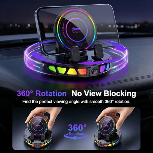 Wireless Car Charger Dashboard Phone Holder,15W Fast Charging One-Hand Operation Rotatable Bracket with RGB Light,Anti-Slip Navigation Mount with Strong Suction Cup, for Most Smart Phone