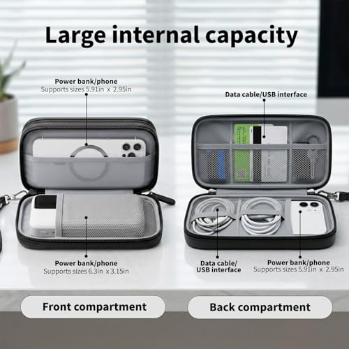 Leather Electronic Organizer Bag, Waterproof Travel Tech Pouch for Cord, Cable, Charger, Phone & Accessories (Black)