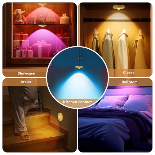 Rechargeable Puck Lights with Remote, 3 Pack Magnetic Under Cabinet Lighting, 1500mAh Battery Operated LED Tap Lights with Dimmer & Timmer for Kitchen, Closet, Shelf - 3 Color Temps & 12 RGB, Gold - color: Gold