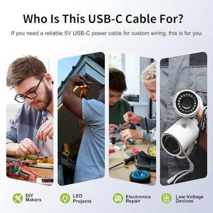 USB-C Power Pigtail to Bare Wire 20AWG 5V 5A Cable 1M 3.3FT 2 Pack