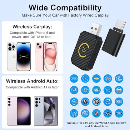 2025 Upgraded Mini Android Auto and Wireless CarPlay Adapter Convert Factory Wired to Wireless Dongle, USB CarPlay Wireless Stick Android Auto Adapter for iOS 12+/Android No Delay