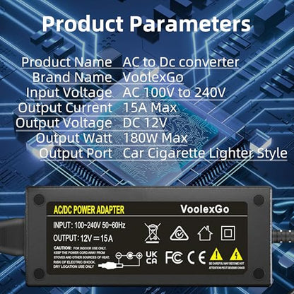 180W AC to DC Converter, 110V-240V to 12V/15A, Cigarette Lighter Socket AC/DC Adapter Power Supply for Car Inflator,Car Refrigerator,Car Vacuum, 7.2FT - color: 12V 15A