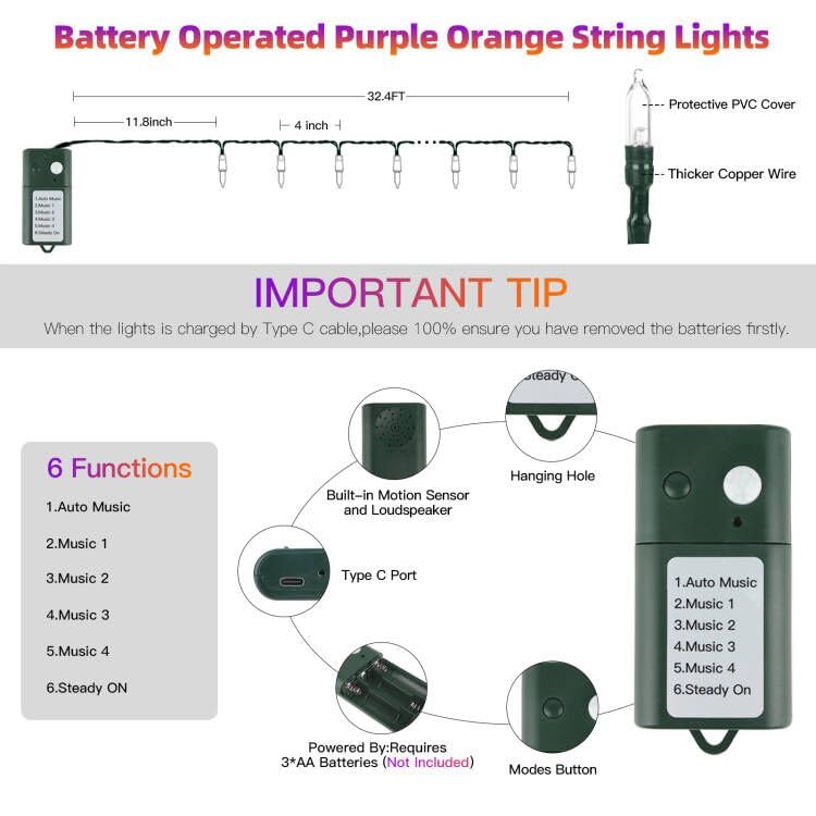 Tcamp Battery Operated Halloween Lights Motion Activated Sync with Music - color: Orange + Purple, size: 33ft 100LED