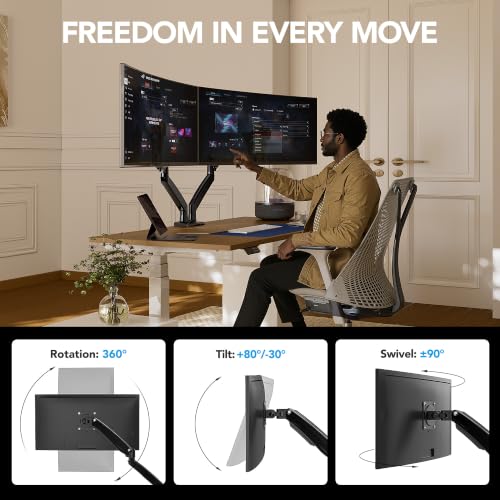 HUANUO Dual Monitor Stand for 13″–40″, Premium Dual Monitor Mount with USB, Height Adjustable Monitor Stand for 2 Monitors, VESA Mount with Clamp/Grommet Base, Holds 26.4lbs per Arm, HNDS7 - size: 13-40 Inch