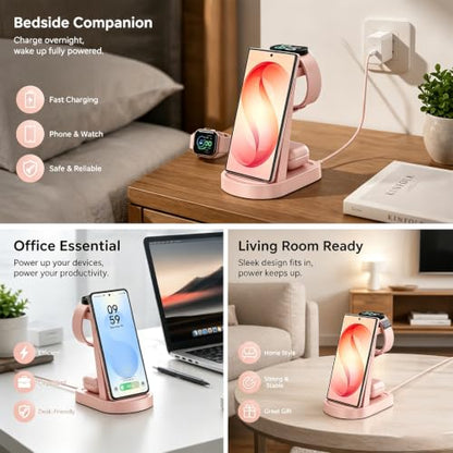 Wireless Charger for Samsung, Wireless Charging Station for S26, Watch 8 - color: Pink