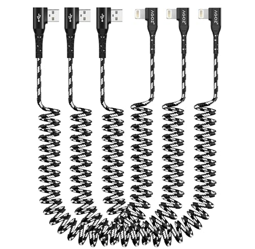 AGOZ 3 Pack Coiled Apple MFI Certified USB to Lightning Cable, 90 Right Angle Short iPhone Charging Cable, 6ft, Compatible with iPhone 14, iPad, iPod