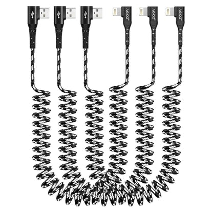 AGOZ 3 Pack Coiled Apple MFI Certified USB to Lightning Cable, 90 Right Angle Short iPhone Charging Cable, 6ft, Compatible with iPhone 14, iPad, iPod