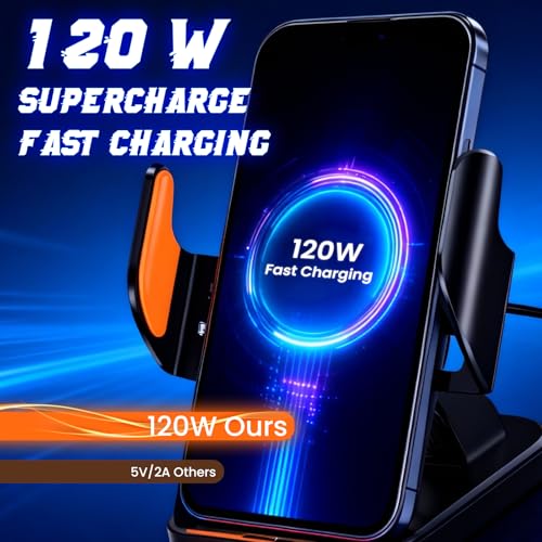 Fast Wireless Car Charger Wireless Charging Phone Mount for Car Magnetic Navigation Car Phone Holder Automatic Smart Sensor Clamping Rotating with Charger Station Fast Wireless Charger Max 120W(Black)