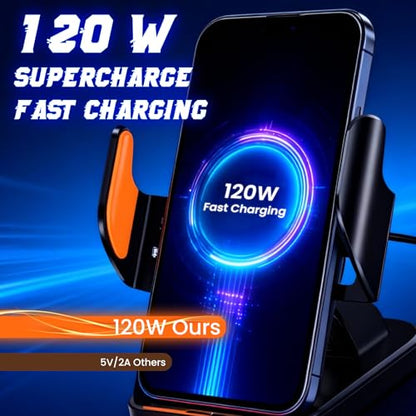 Fast Wireless Car Charger Wireless Charging Phone Mount for Car Magnetic Navigation Car Phone Holder Automatic Smart Sensor Clamping Rotating with Charger Station Fast Wireless Charger Max 120W(Black)