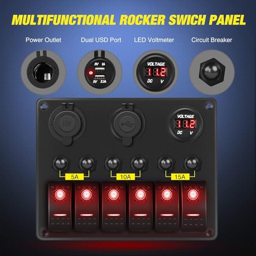 Nilight 6 Gang Rocker Switch Panel On Off with Resettable Circuit Breaker - color: Red, size: 6+3 Gang Dual USB