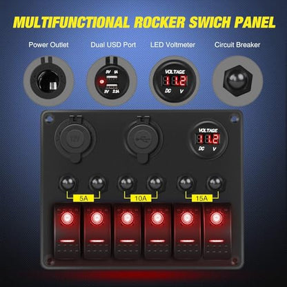 Nilight 6 Gang Rocker Switch Panel On Off with Resettable Circuit Breaker - color: Red, size: 6+3 Gang Dual USB