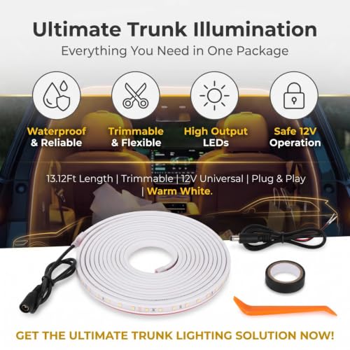 Car Cargo Area LED Light Strip, 13.12Ft Trunk Ambient Illumination Tape, Self-Adhesive Trimmable Flexible Waterproof LED Strip, Universal for Most Cars (Warm White) - color: Warm White