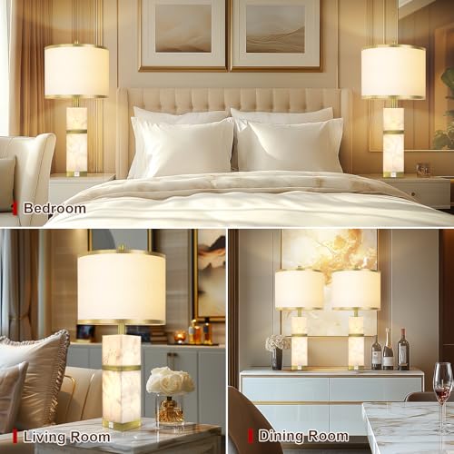 Scenekoy 27" Alabaster Table Lamps Set of 2 with Night Light for Bedroom - color: Gold