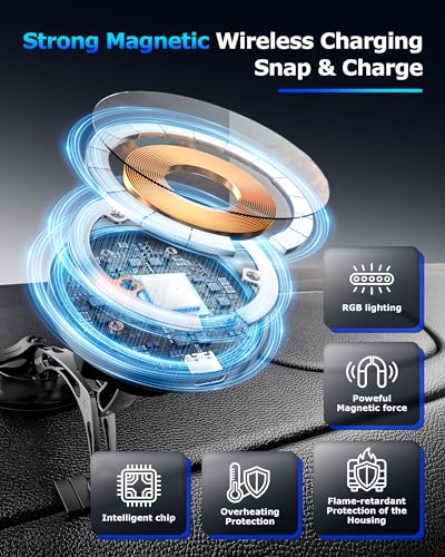 ZBF Magnetic Wireless Charging Car Phone Holder with 15W Fast Charging & Strong Vacuum Suction, 360° Rotatable Dashboard & Windshield Mount for Magsafe iPhone 17/16/15/14/13 Android Galaxy S24/S23/S22 - style: Upgraded Charging