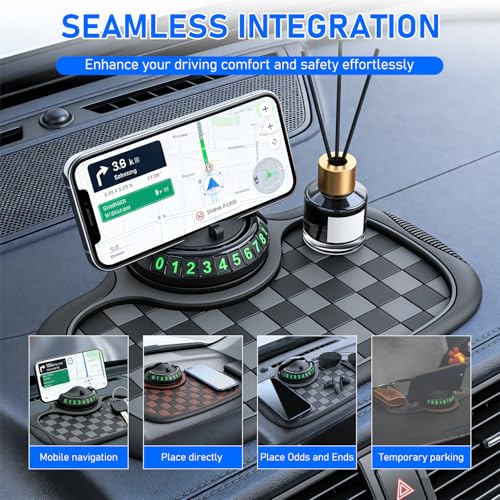 Multifunction Car Anti Slip Mat, 360° Rotatable Phone Holder Dashboard Pad with Temporary Parking Number, Organizer for Phone Sunglasses Keys (Black and Brown Plaid) - color: Black and brown plaid