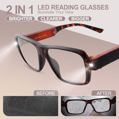 LED Reading Glasses USB Rechargeable, Lighted Readers for Seniors - color: Demi