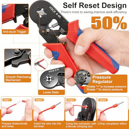 mankk 1500PCS Silver‑Plated Copper Wire End Ferrules Kit, Ferrule Crimping Ratchet Pliers AWG 23‑7, for Electricians, Automotive and DIY Electrical Work - size: 1500PCS+Tool