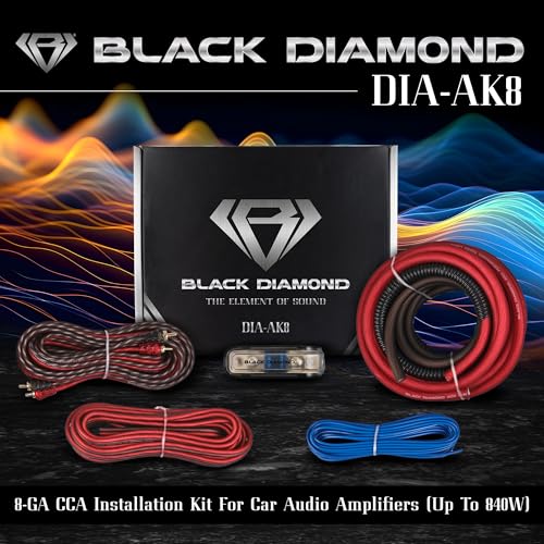Black Diamond Dia-AK8 8-GA Car Audio Amplifier Installation Kit – Up to 840W, Complete Wiring, Fuses & Hardware for Easy Amp Setup - size: 8-guage