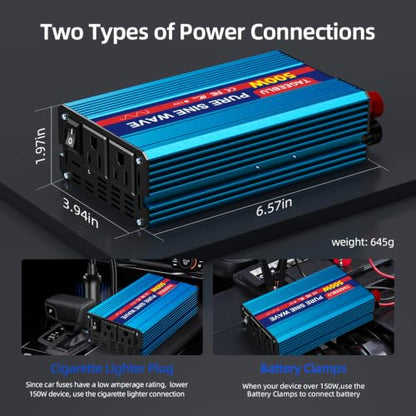 500W Pure Sine Wave Power Inverter 12V DC to 110V 120V AC for Vehicles